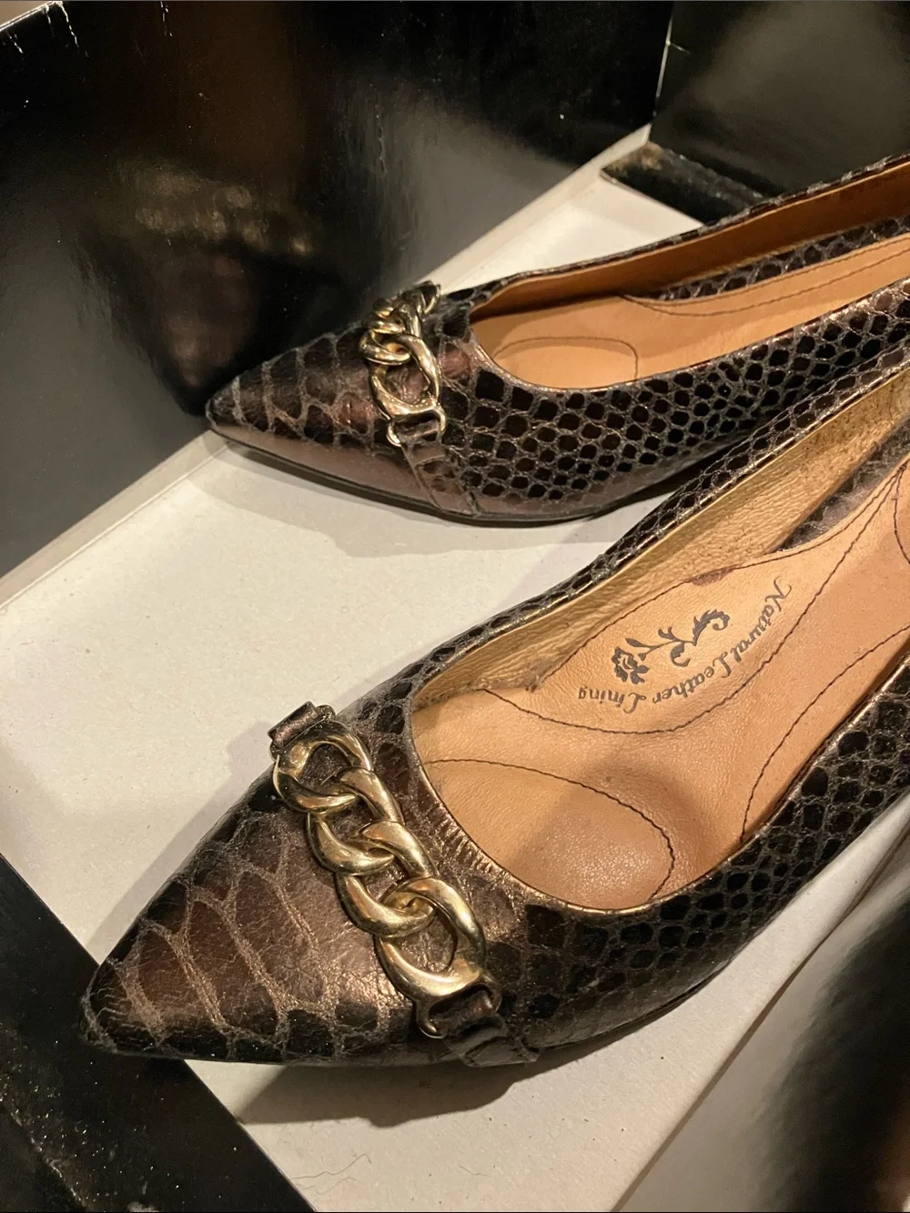 Sofft Metallic Black Snakeskin-Print Pointed Toe Wedges with Gold Chain